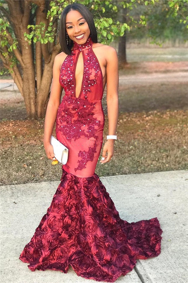 New Arrival Mermaid High Neck Prom Dresses Appliques Formal Gowns with Beads SK0115-newarrivaldress