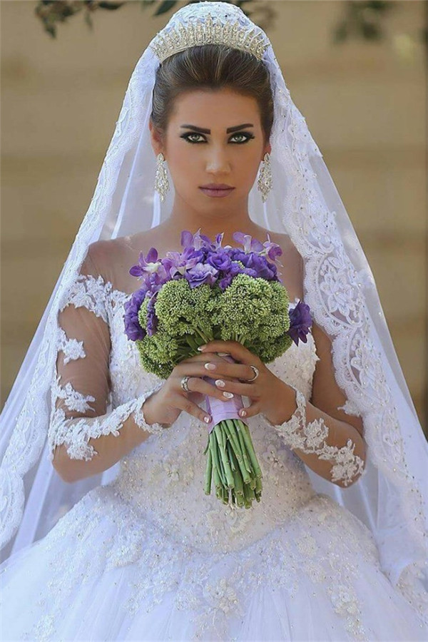 Appliques Tulle Long Sleeves Online New Arrival Lace Beadings Elegant Ball Gown Wedding Dresses-newarrivaldress