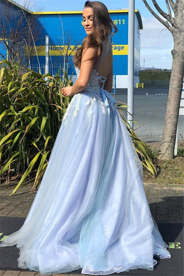 Elegant Straps Lace Appliques Tulle Sleeveless A-Line Prom Dress-newarrivaldress