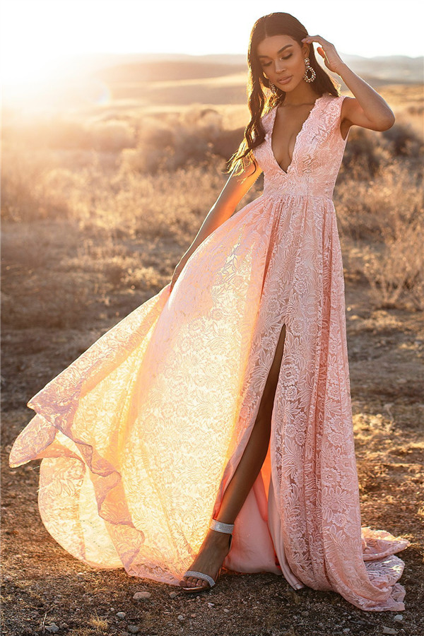 Pink Straps V-Neck Lace Side-Slit A-Line Evening Dresses-newarrivaldress