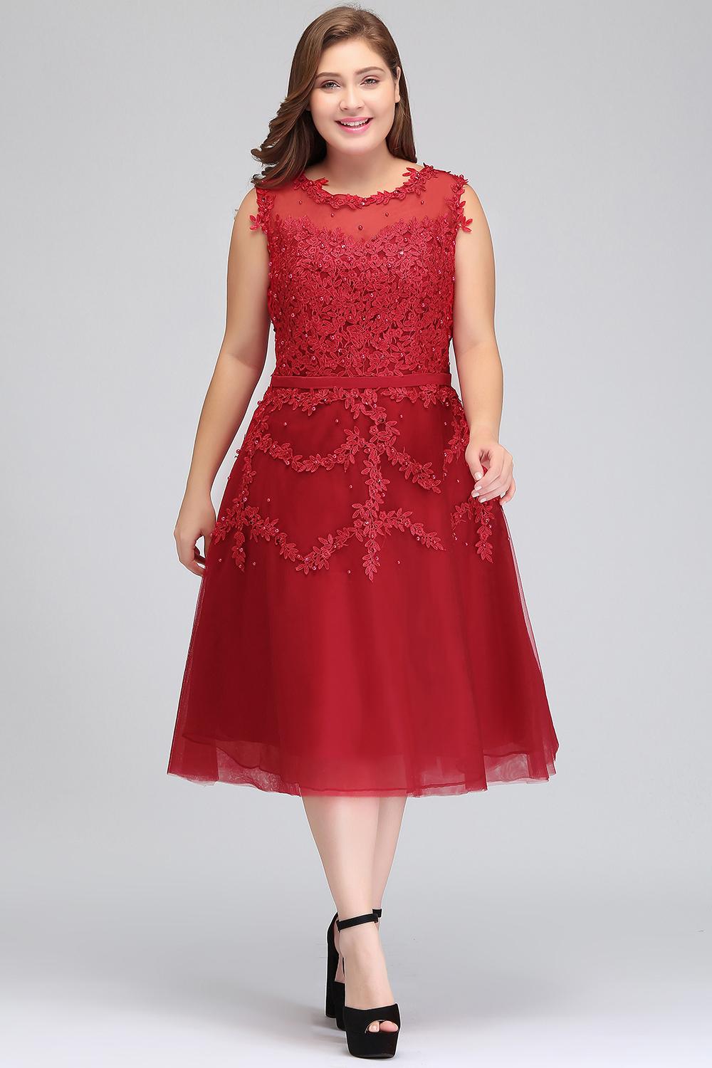 Tea-Length A-line Lace Appliques Beaded Party Dresses Sleeveless Short Homecoming Dresses-newarrivaldress