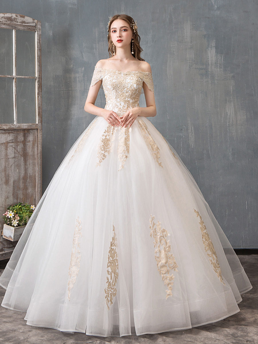Wedding Dresses 2021 Ball Gown Off Shoulder Golden Lace Appliqued Floor Length Bridal Dress-newarrivaldress