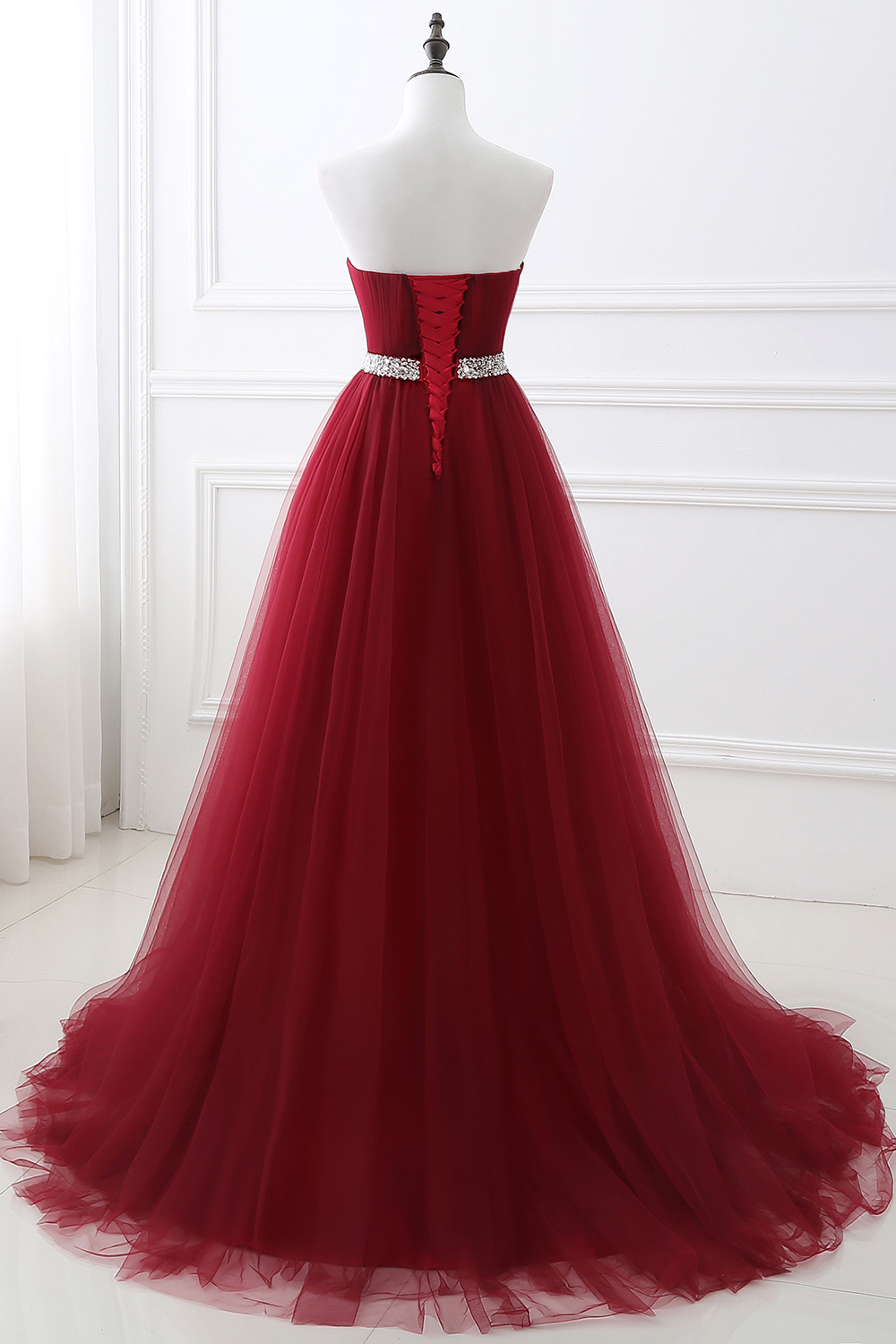 Custom Made Fluffy Tulle A-line Sweetheart Burgundy Prom Dresses With Beads Belt-newarrivaldress