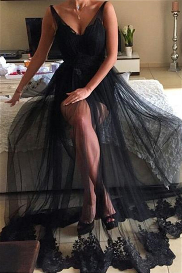 Tulle Long Lace Black Sexy V-Neck Prom Dress | Sheer Prom Dress-newarrivaldress