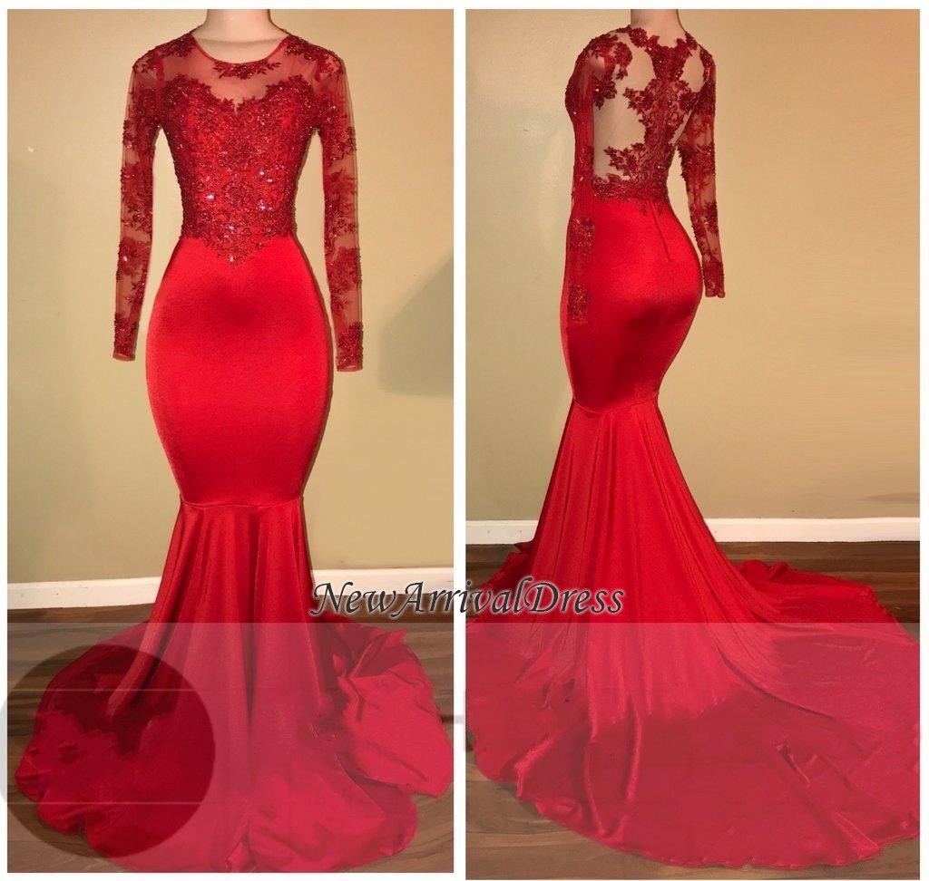 Mermaid Long Sleeve Red Appliques Sheer Amazing Prom Dresses BA7856-newarrivaldress