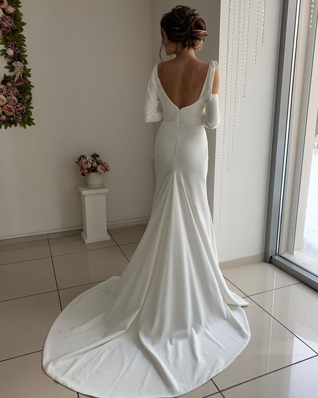 Long Sleeve Sash Belt Wedding Dresses | Sexy Backless Sheath Bridal Gowns Online-newarrivaldress