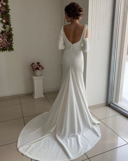 Long Sleeve Sash Belt Wedding Dresses | Sexy Backless Sheath Bridal Gowns Online-newarrivaldress