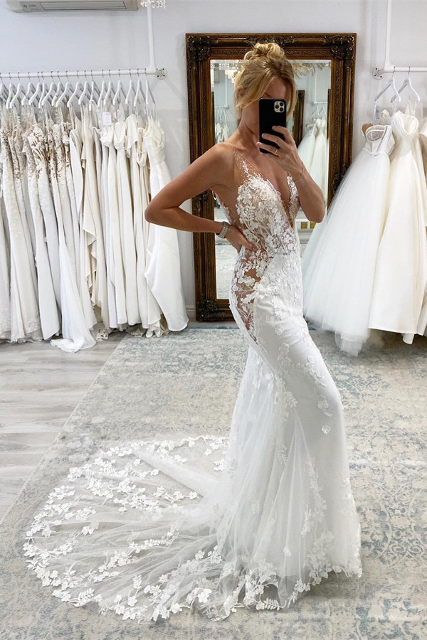 Charming Sleeveless V-Neck Lace Mermaid Wedding Dress with Floral Pattern-newarrivaldress