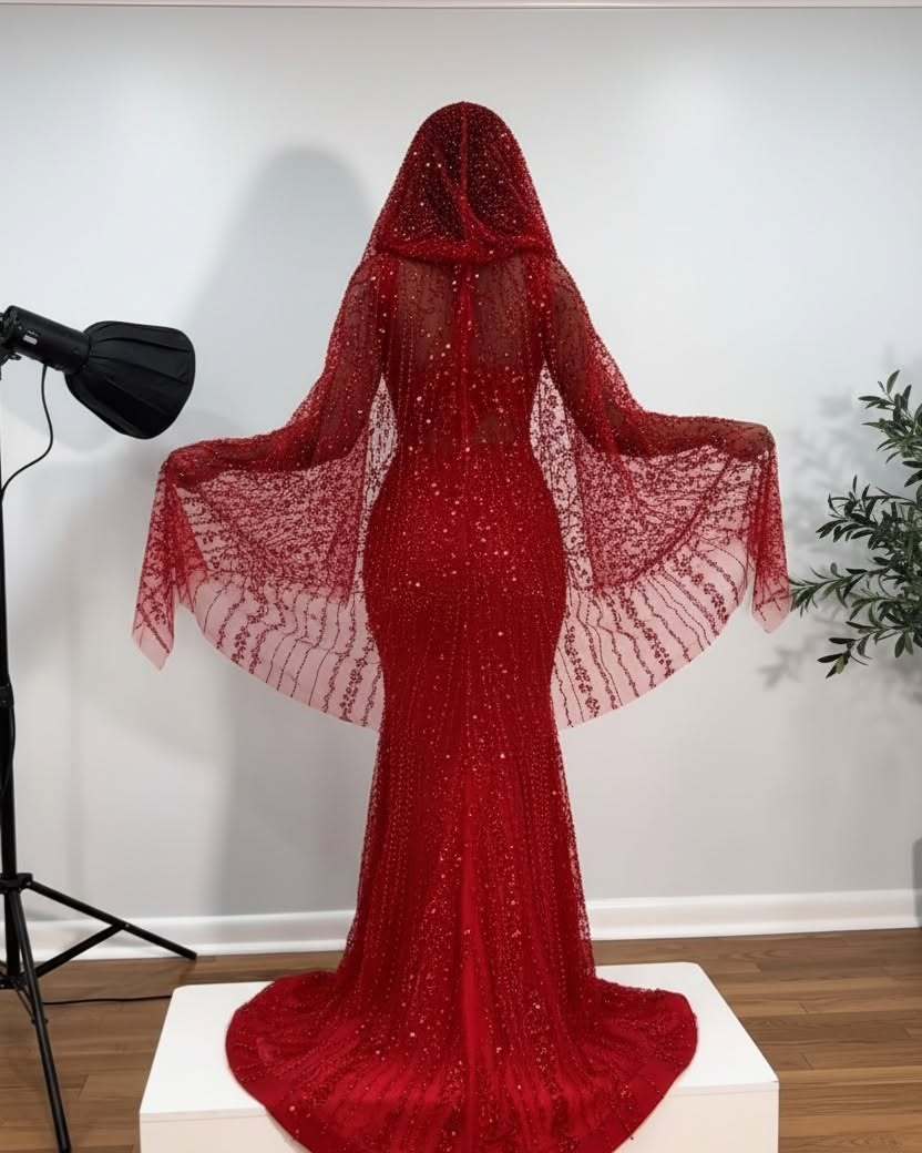 Charming Red Strapless Beadings Long Mermaid Prom Dress with Veils