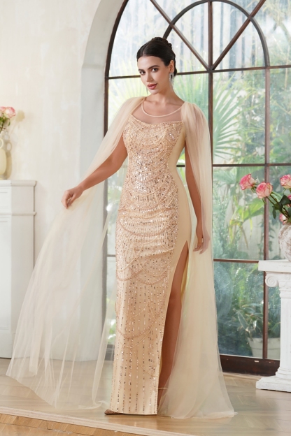 Champagne Tulle Trumpet Prom Dress with Cape Scoop Neck Beadings Long Evening Dress with Side Split-newarrivaldress
