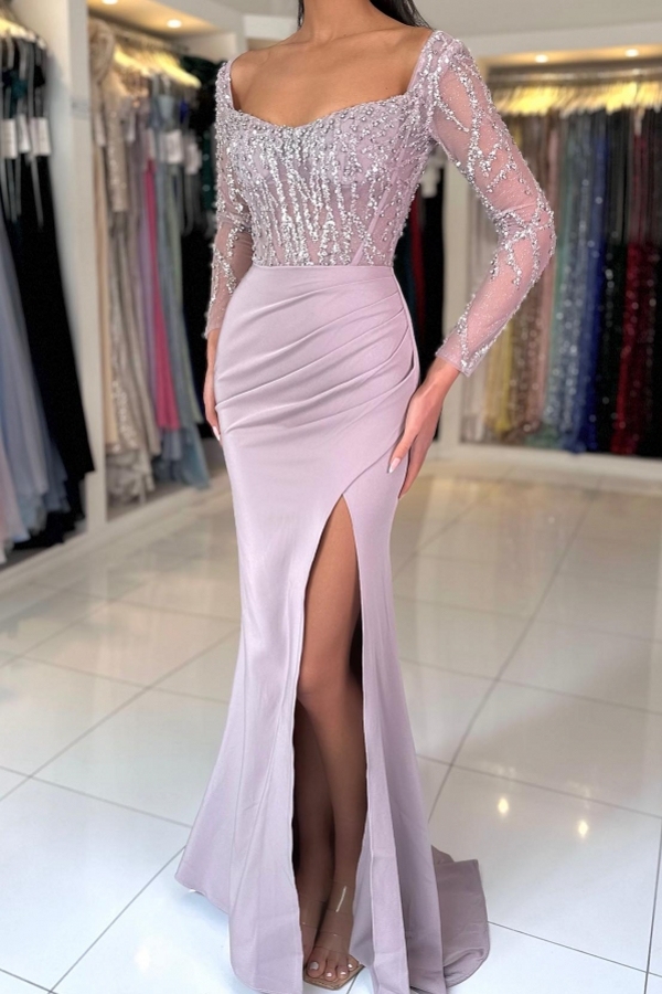 Amazing Long Sleeves Satin Evening Dresses U Neck Beadings Formal Dress-newarrivaldress