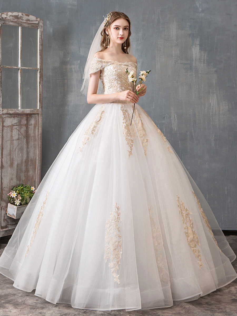 Wedding Dresses 2021 Ball Gown Off Shoulder Golden Lace Appliqued Floor Length Bridal Dress-newarrivaldress