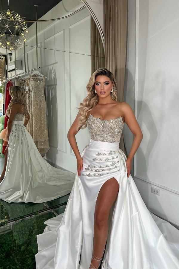 Strapless Ruffle Satin Mermaid Prom Dress with Slit Sleevless Crystals Appliques Long Evening Dress-newarrivaldress