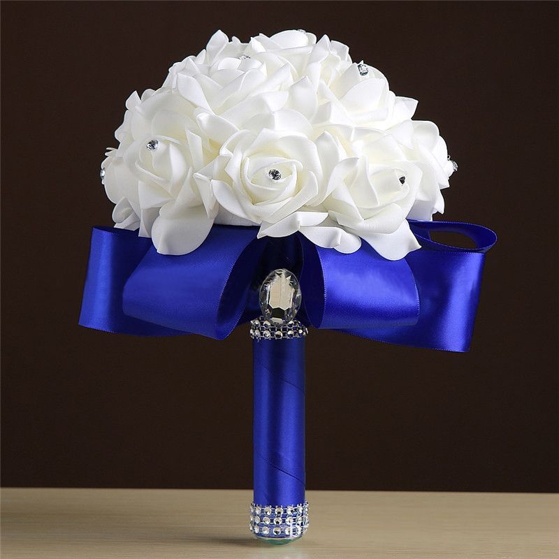 White Silk Rose Crystal Beading Bouquet in Colorful Handles-newarrivaldress
