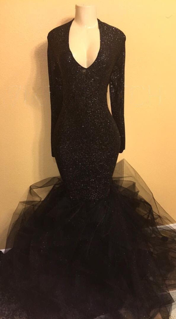 Black Long Prom Dresses with Sleeves | Mermaid Formal Dresses Plus Size BA8155-newarrivaldress