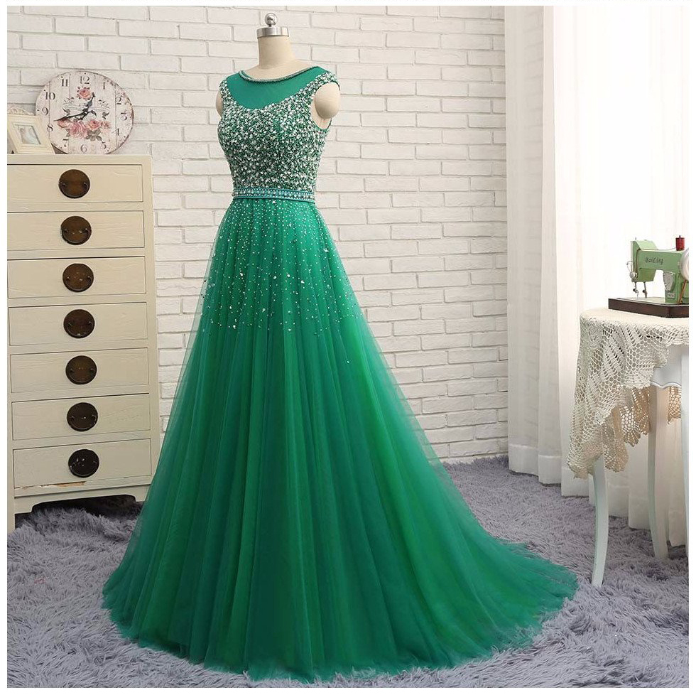 Beaded Custom Made A-line Tulle Brilliant Scoop Sleeveless Green Long Prom Dresses-newarrivaldress