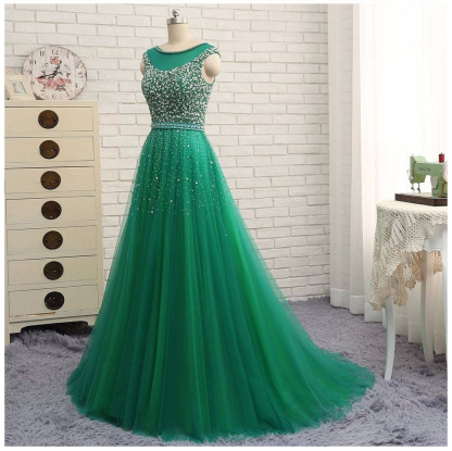 Beaded Custom Made A-line Tulle Brilliant Scoop Sleeveless Green Long Prom Dresses-newarrivaldress