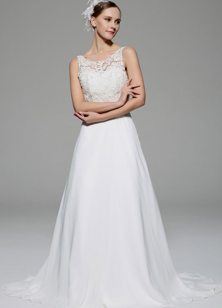 Ivory Wedding Dress Illusion Rhinestone Lace Satin Wedding Gown-newarrivaldress