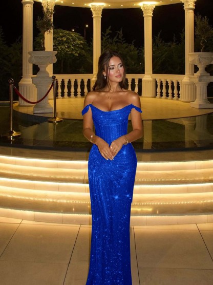 Off the Shoulder Sleeveless Long Mermaid Prom Dress With Beading