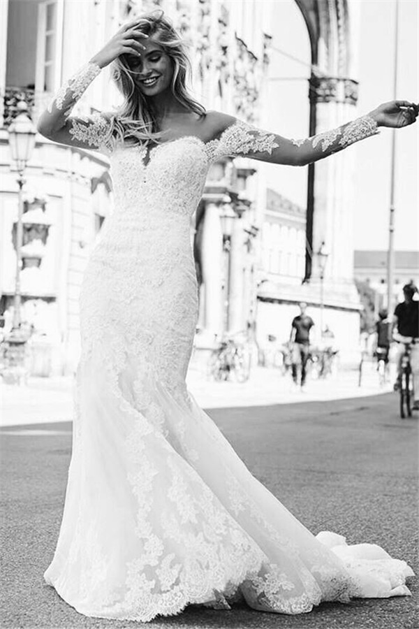 Mermaid Tulle Lace Appliques Sexy Off The Shoulder Long Sleeve Wedding Dresses-newarrivaldress