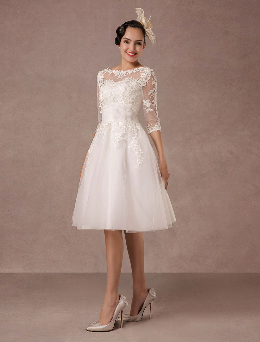 Short Wedding Dress Vintage Lace Applique Long Sleeves Tea Length A Line Tulle Bridal Gown With Flower Sash Exclusive-newarrivaldress