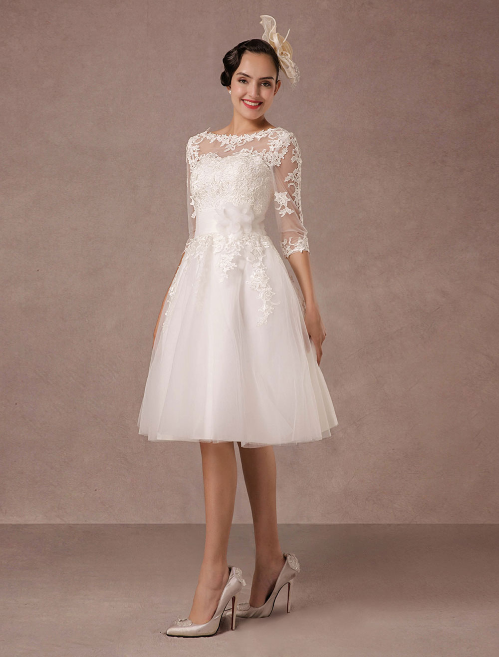 Short Wedding Dress Vintage Lace Applique Long Sleeves Tea Length A Line Tulle Bridal Gown With Flower Sash Exclusive-newarrivaldress