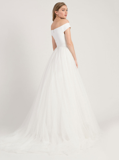 White Simple Wedding Dress A-Line Bateau Neck Off-Shoulder Sleeveless Natural Waistline Pleated Tulle Bridal Dresses-newarrivaldress