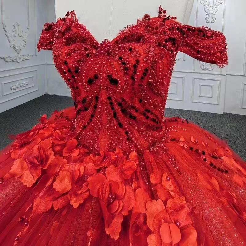 Off-the-Shoulder Red Tulle Ball Gown Quinceanera Dress Glitter Pearls With Flower Appliques-newarrivaldress