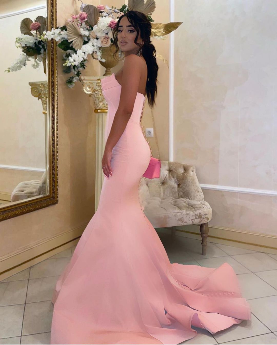 Sexy Strapless Pink Mermaid Slim Prom Dress Sleeveless Long Evening Party Dress-newarrivaldress