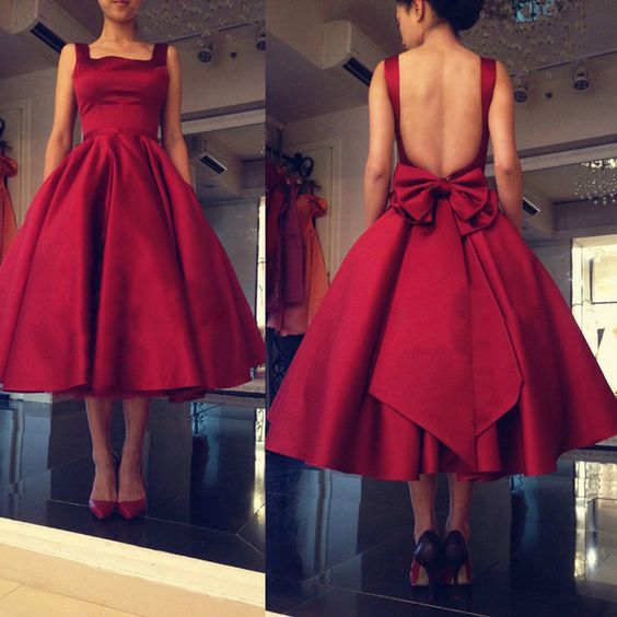 Red Backless Tea-Length Short Prom Dresses with Bowknot-newarrivaldress