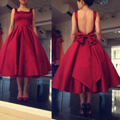 Red Backless Tea-Length Short Prom Dresses with Bowknot-newarrivaldress