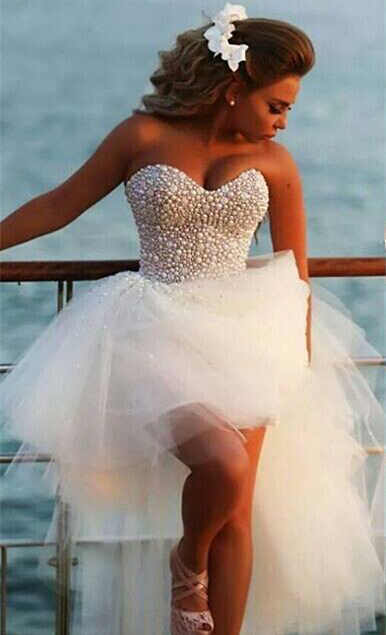 Beach Wedding Gowns Beading Pearls Hi Lo Sweetheart Ruched Ruffle Tulle Bridal Dresses-newarrivaldress