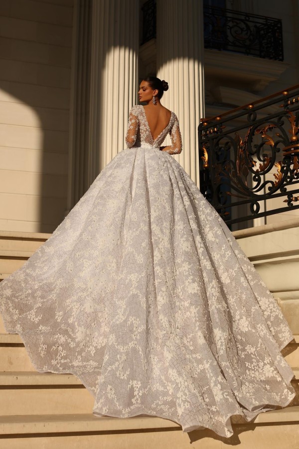 Luxury Long Sleeves Ball Gown Deep V-Neck Flower Pearls Wedding Dress-newarrivaldress