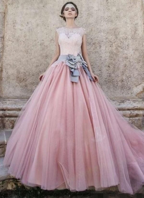 Lace Appliques Pink Ball Gown Wedding Dresses | Bowknot Cap Sleeve Bridal Gowns-newarrivaldress