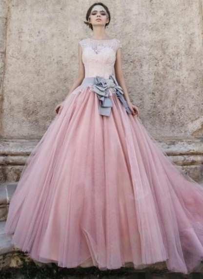 Lace Appliques Pink Ball Gown Wedding Dresses | Bowknot Cap Sleeve Bridal Gowns-newarrivaldress