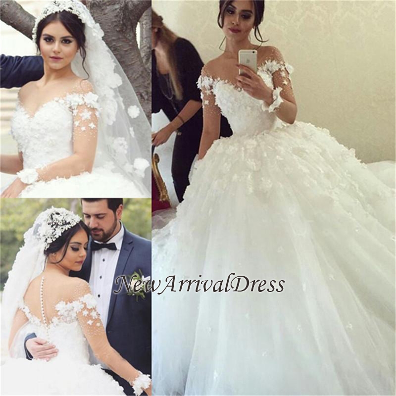 Lace Appliques Unique Long Sleeve Ball Gown Wedding Dresses-newarrivaldress
