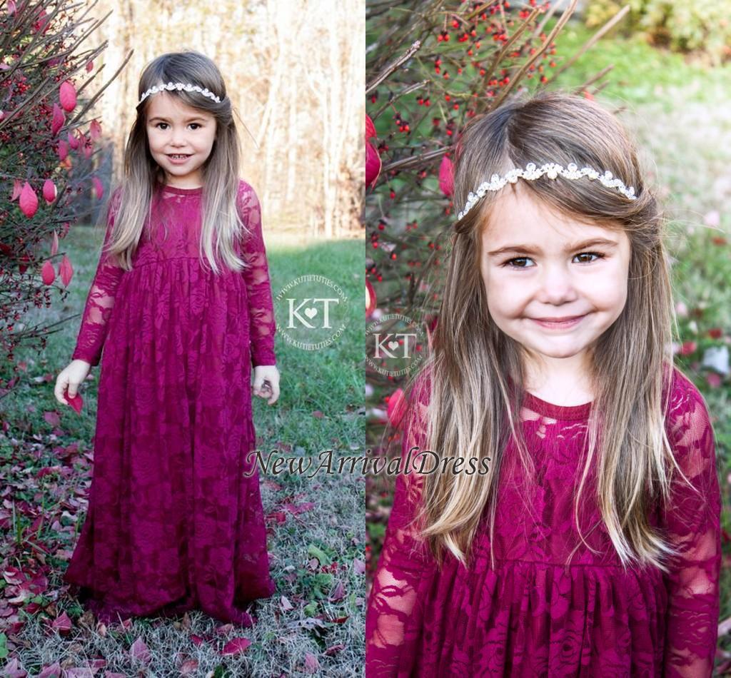 Cute Fuchsia Sleeves Long Flower Lace Girl Dresses-newarrivaldress
