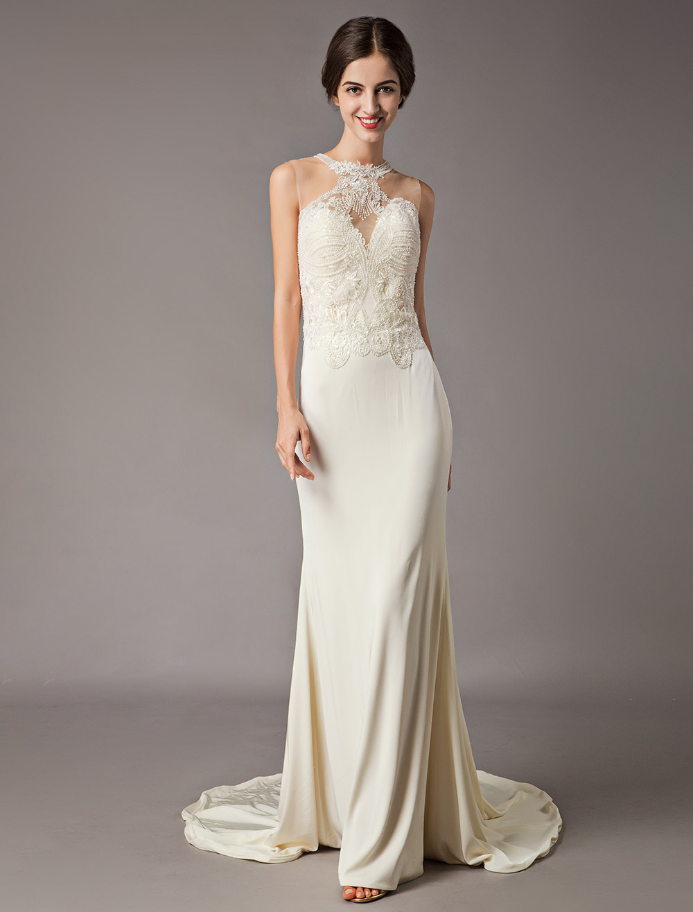 Wedding Dresses Ivory Lace Sleeveless Illusion Sheath Column Bridal Gowns With Train-newarrivaldress