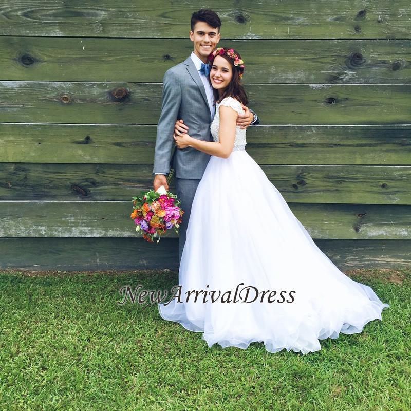 Jewel Lace Cap Sleeve New Arrival A-line Elegant Sexy Beading Wedding Dresses-newarrivaldress