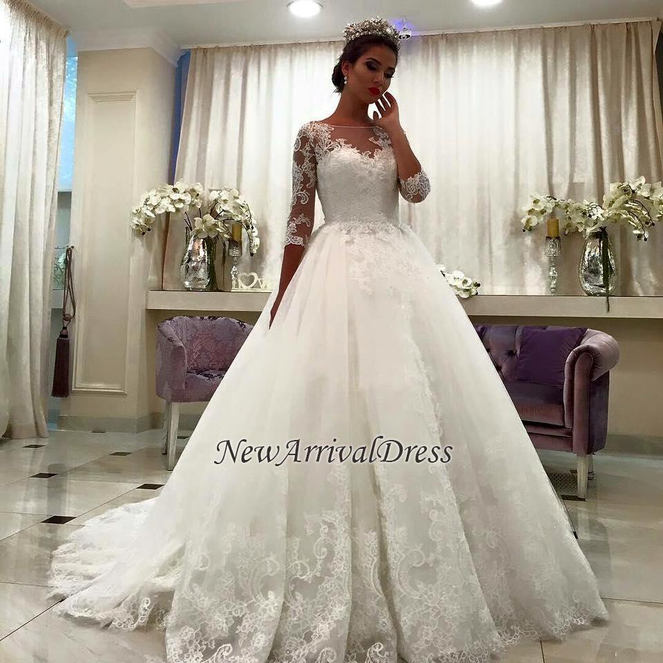 Chapel Train Bateau Online Half Sleeve New Arrival Lace Appliques Elegant Ball Gown Wedding Dresses BA6591-newarrivaldress