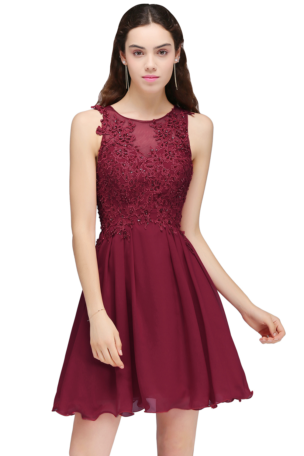 CARLEE | A-line Jewel Short Chiffon Burgundy Homecoming Dresses with Lace Appliques-newarrivaldress