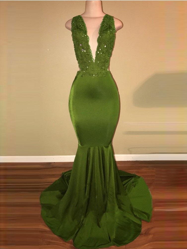 Criss-Cross Sexy Straps Beaded Mermaid Appliques Sleeveless Green Lace Elegant V-Neck Long Prom Dresses BA7993-newarrivaldress