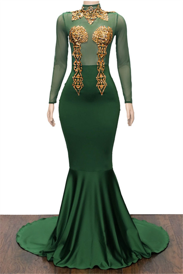 Gold Appliques Green Long Prom Dresses | Mermaid Long Sleeve Formal Evening Dresses-newarrivaldress