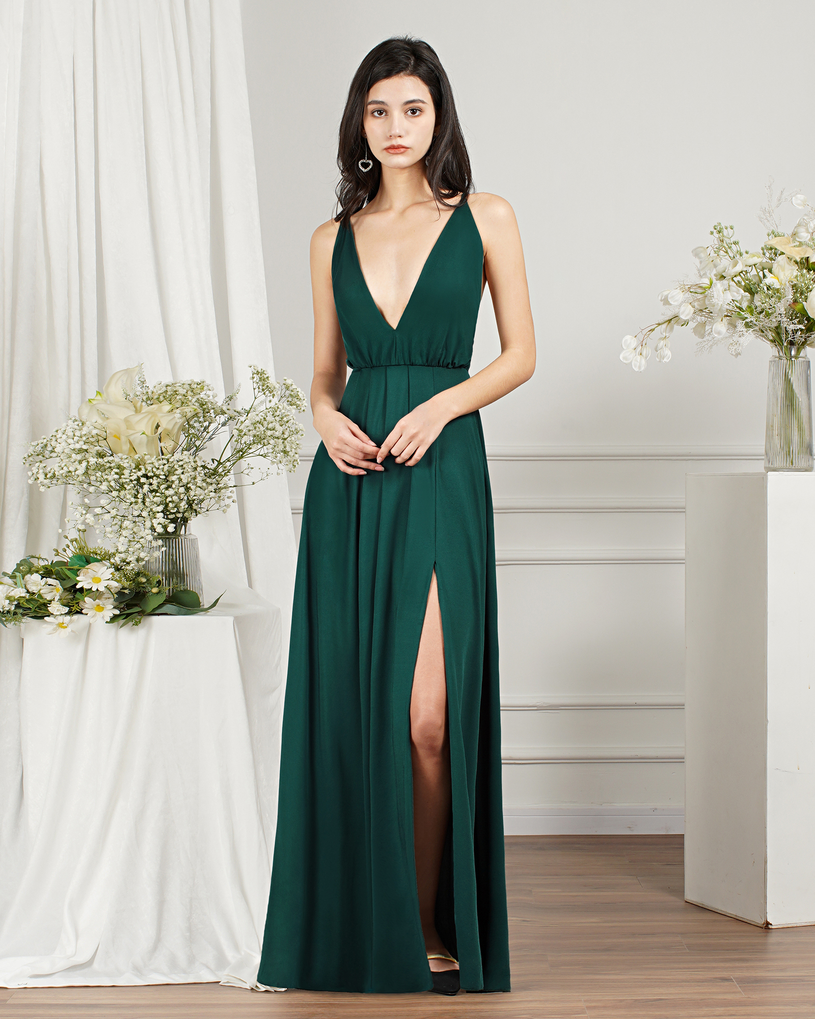 Sleeveless Side Slit Evening Dress V-Neck Aline Floor-Length Dress-newarrivaldress