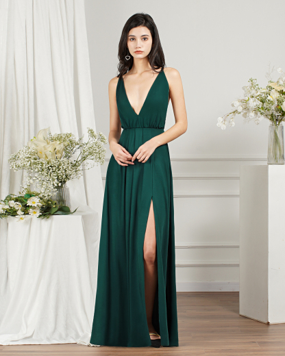 Sleeveless Side Slit Evening Dress V-Neck Aline Floor-Length Dress-newarrivaldress