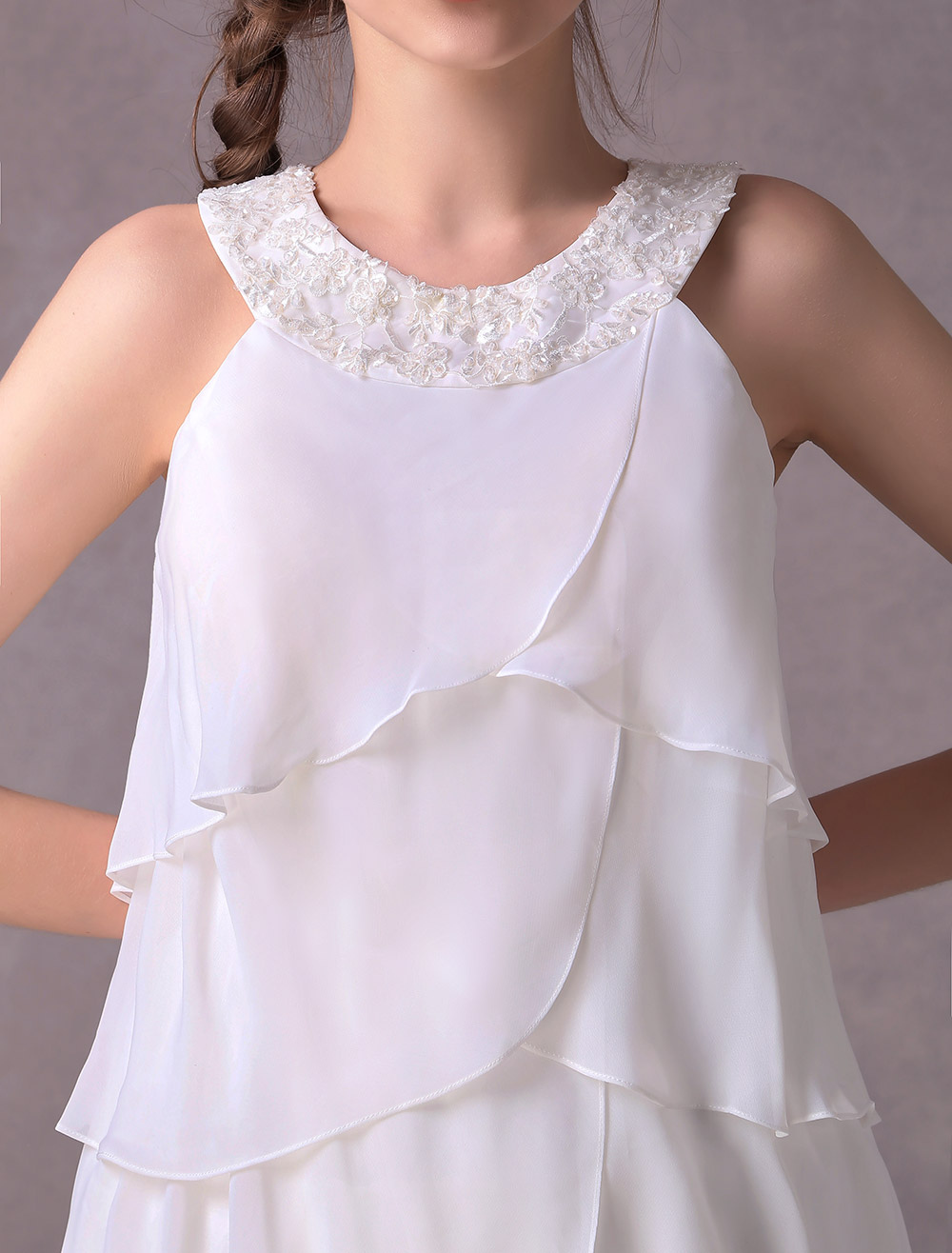 Simple Wedding Dresses Ivory Chiffon Cocktail Party Dress Beaded Tiered A Line Halter Short Bridal Dress Exclusive-newarrivaldress