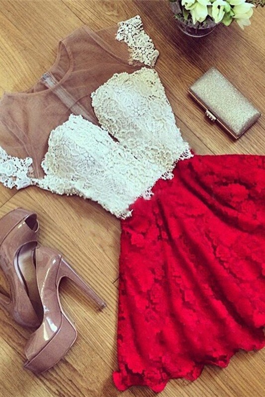 Short Sleeve Illusion Cute Lace Sexy Short Homecoming Dresses BA7001-newarrivaldress