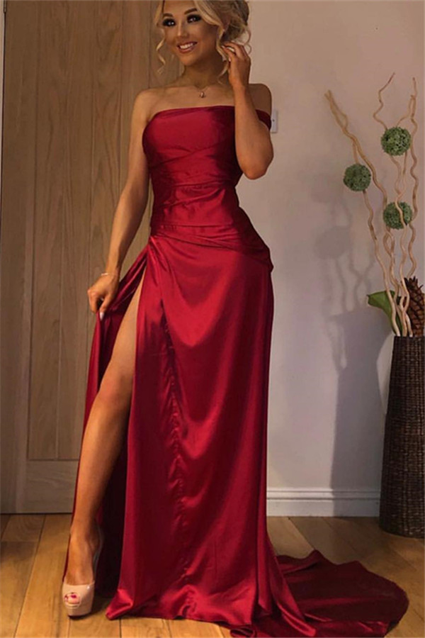 Glamorous Red Strapless Bateau Side-Slit Evening Gown-newarrivaldress