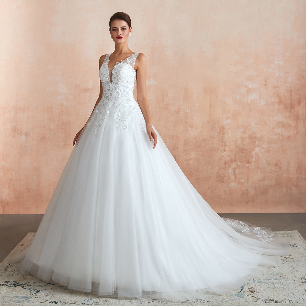 White Floral Lace Wedding Dress V-NeckTulle Aline Bridal Dress-newarrivaldress