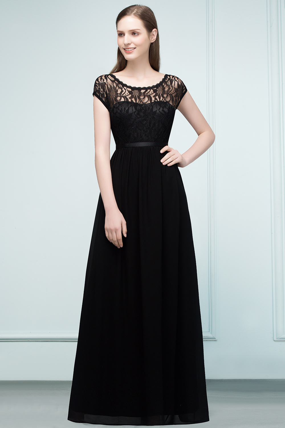 REESE | A-line Floor Length Short Sleeves Lace Bridesmaid Dresses with Sash-newarrivaldress